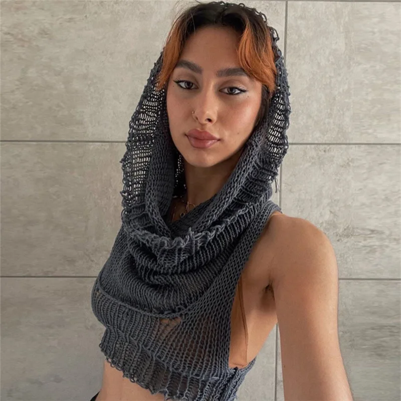 Autumn Fashion Trend Women's Clothing New Item Hooded Sleeveless Exposed Navel Knitted Solid Color Inner Sweater