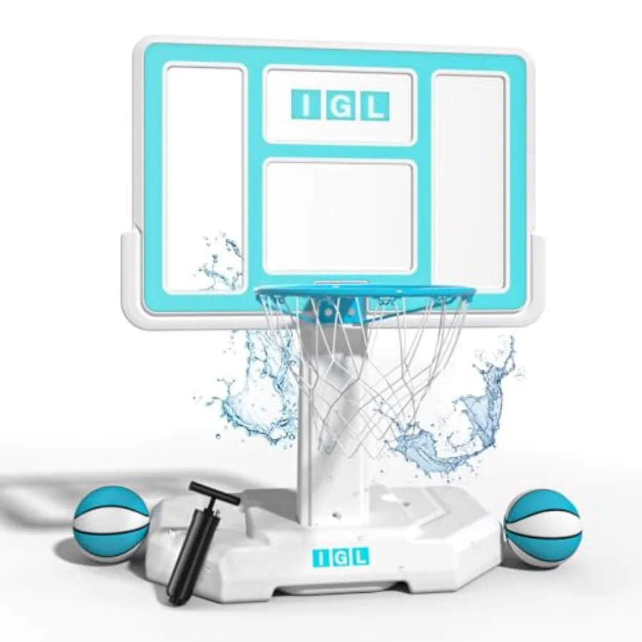 

Outdoor pool basketball hoop with stainless steel rim, blue base stand, double water storage, fixed height, includes 2 balls in
