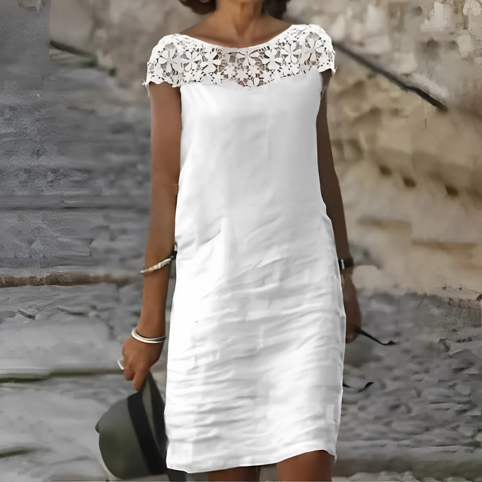 Women Cotton And Linen Dresses Short Sleeve Lace O-Neck Robe Boho Sundress 2024 Summer Casual Beach Dress Vestido Feminino