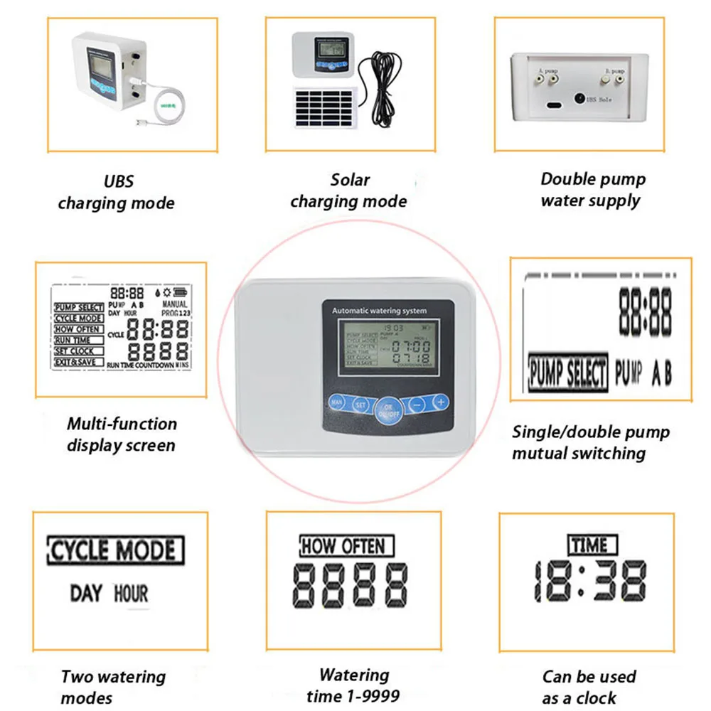 Dual Pump Smart Drip System Timer Garden Automatic Solar Energy Charging Watering System for Potted Plant Flowers