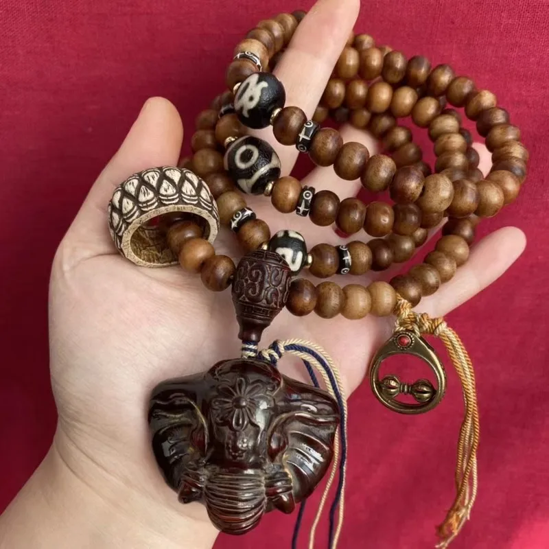 Tibetan antique bone prayer beads 10*8mm cow bone and camel bone 108-piece set with Ganesha pendant
