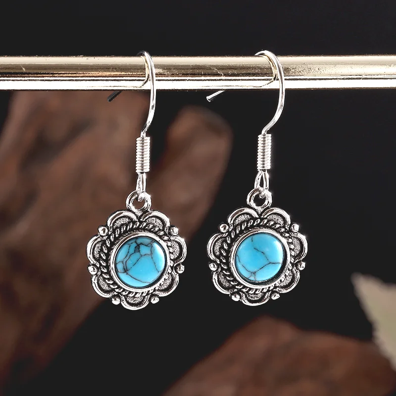 Elegant Retro Turquoise Petal-Shaped Pendant Earrings for Women, Popular Casual Wedding Earrings Jewelry