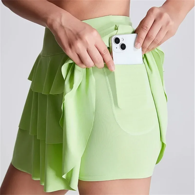 Tennis Skirts Women Golf Pleated Pocket Ice Resistant Sports Fitness Skorts High Waist Yoga Running Fake Two-piece Shorts Skirt