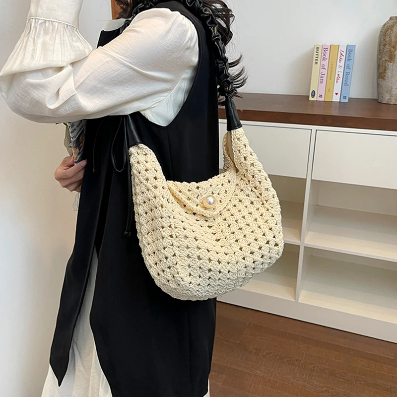 Pearl Weaving Beach Bags for Women 2026 Summer New Lazy Style Casual One Shoulder Bag Large Capacity Seaside Crossbody Bag