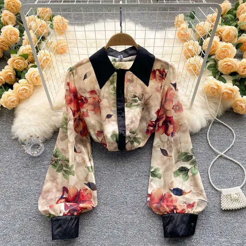 

Flower Print Chiffon Vintage Transparent Thin Women's Blouse Shirt Polo-Neck Lantern Sleeve Pullover Blouses Spring SummerYY125