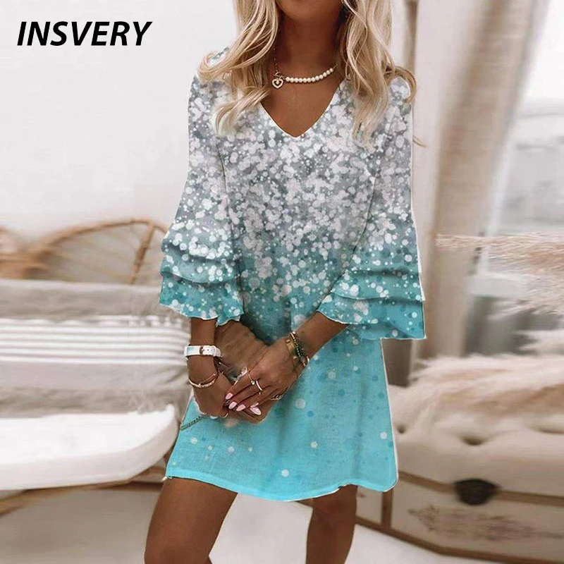 Casual Ruffles Loose V-Neck Dress Women Summer 3/4 Sleeve Floral Print Woman Dress 2022 Fashion Beach Short Dresses