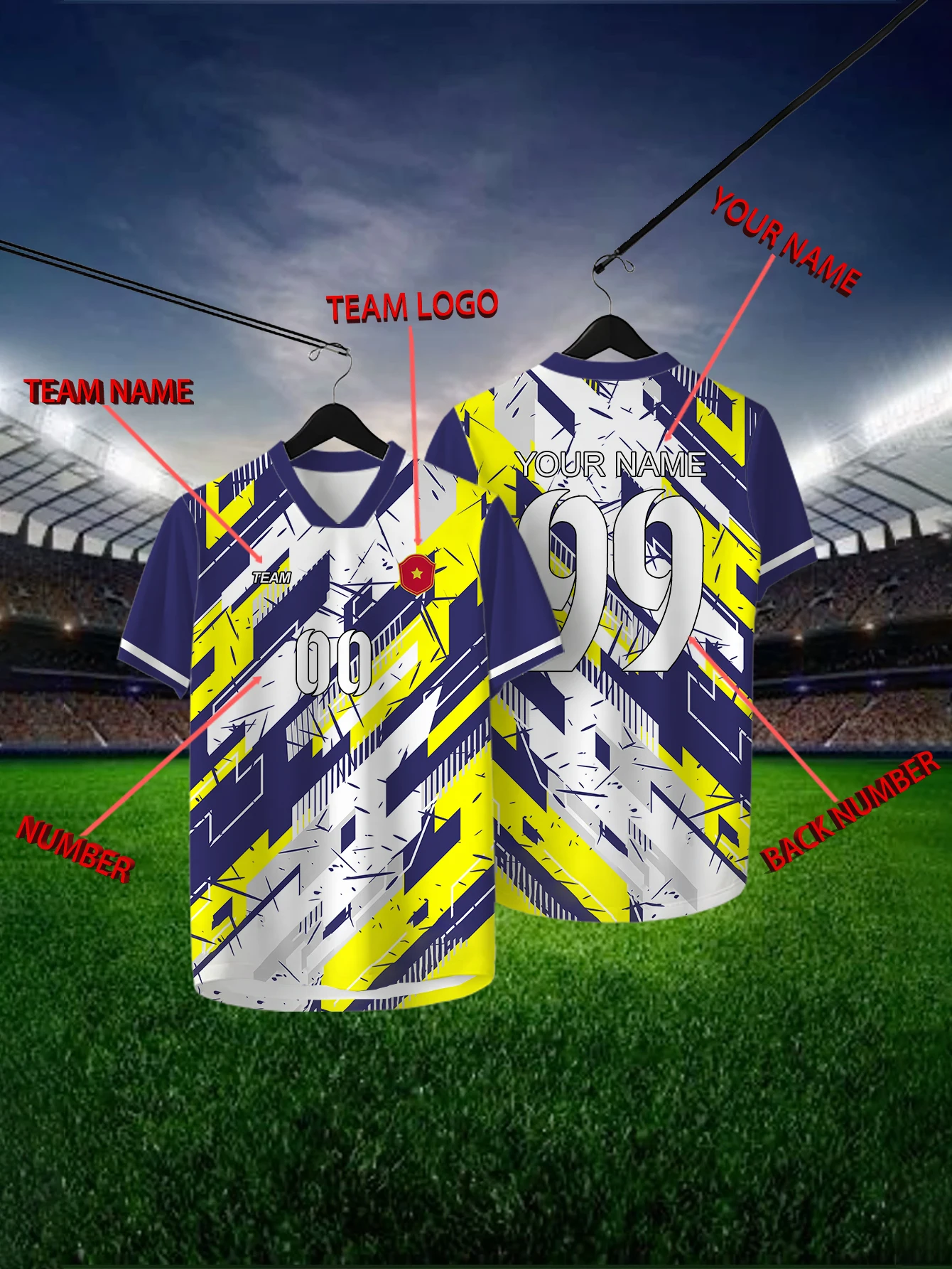 

Customized Geometric Multi-color Short Sleeved Shirt with Team Name, Emblem, Name and Number, Outdoor Sports Short Sleeved Shirt