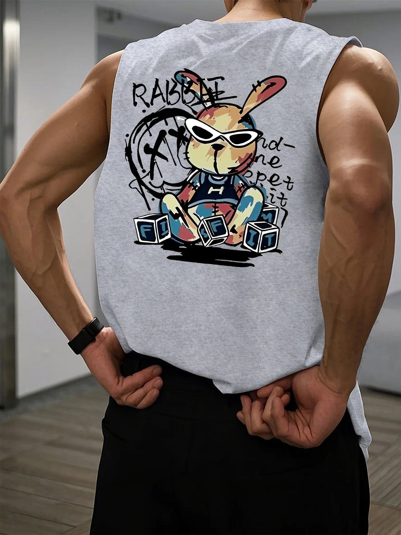 Canotta senza maniche con collo rotondo, comoda e traspirante, da uomo, per il tempo libero, sportiva, fitness, allentata, modello di coniglio cartone animato stampato