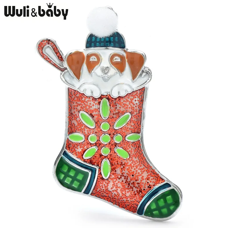 Wuli&baby Cute Animal In Christmas Sock Brooches For Women Beautiful Enamel New Year Office Party Brooch Pins Gifts