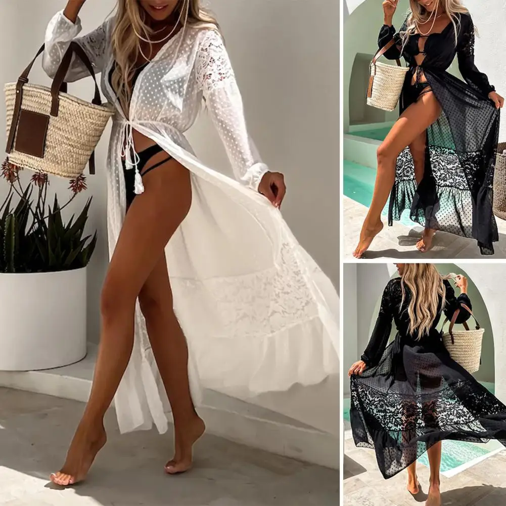 Quick Dry Beautiful Beachwear Summer Bikini Cover Up Sun Protection Swimwear Cover Up See-through Lace Lady Garment