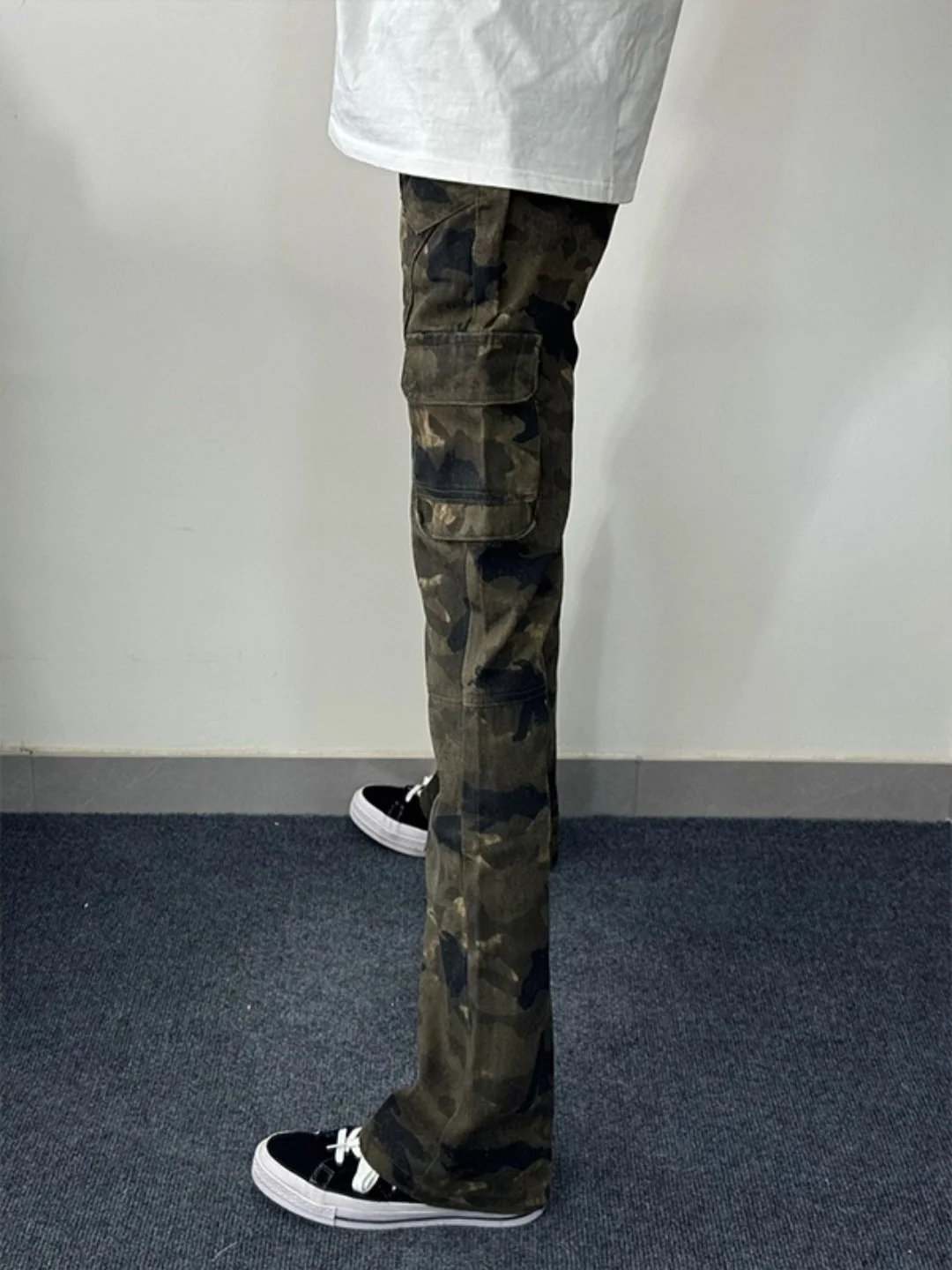 

Камуфляжные джинсы American Sle Thiened Fce, мужская зимняя рабочая одежда, облегающие расклешенные брюки с высокой талией на молнии, Clo...