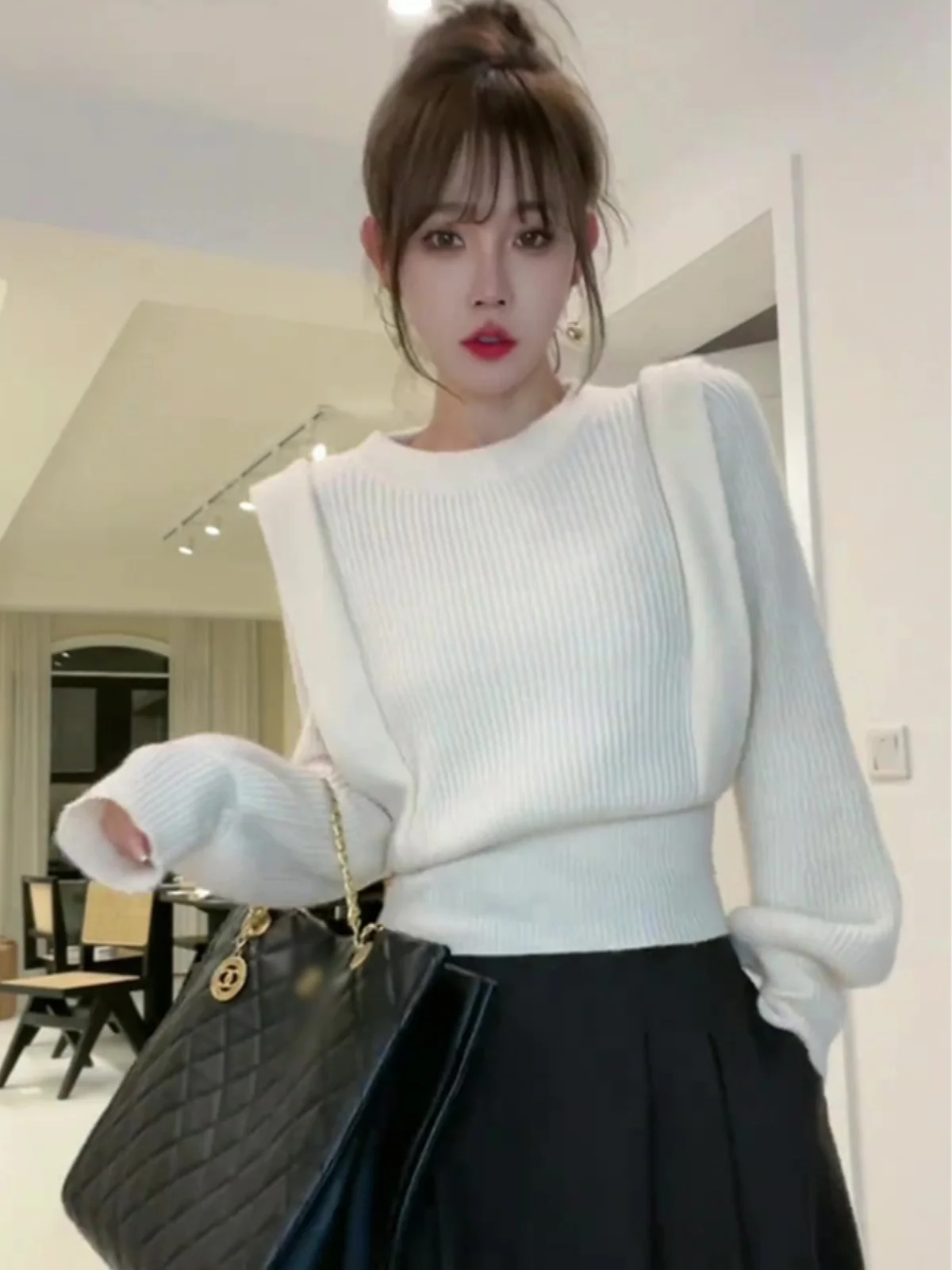 

Ele round Ne Knitted Sweater Women's Lantern Sve Top Sli Slimming Early Spring Faion Commute Sle Warmth