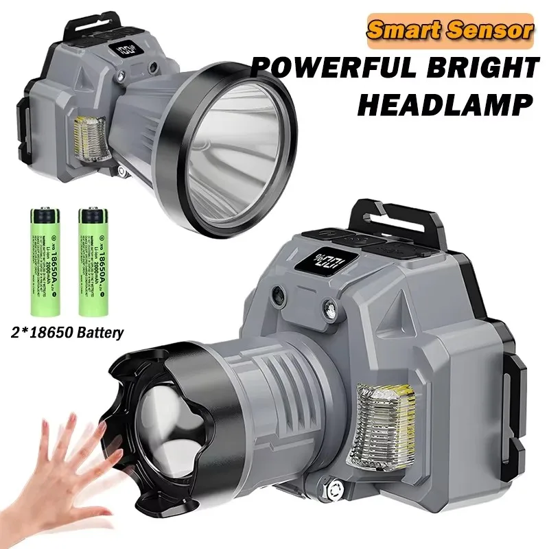 LED Sensor Headlight High Power Display Headlamps Outdoor HeadTorch Fishing Repair Searchlight with 2400mAh Rechargeable Battery