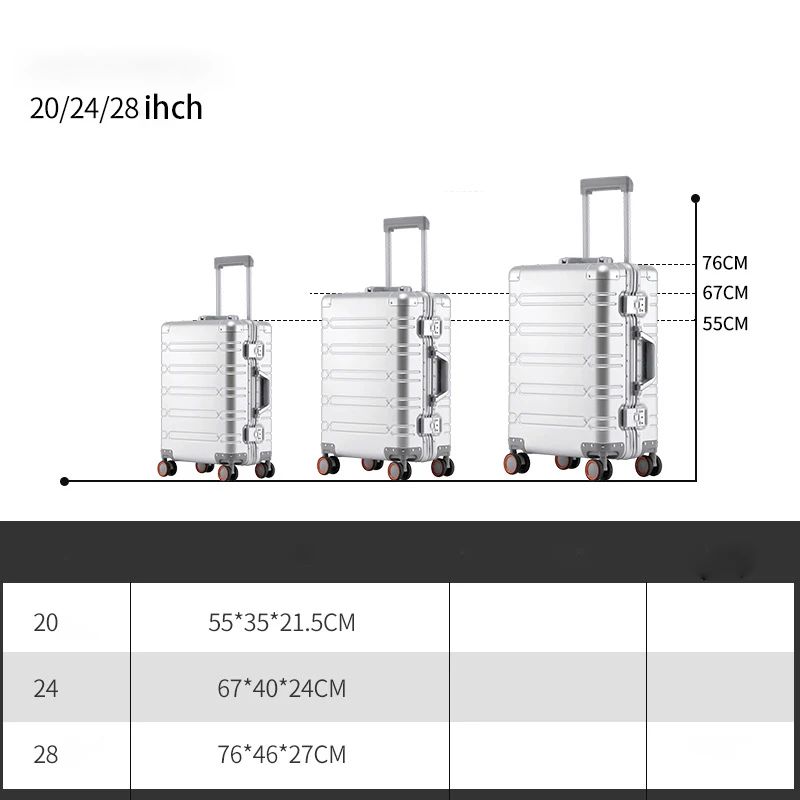 100% Aluminum-magnesium Alloy Travel Suitcase Rolling Luggage 20/24/28 Inch Trolley Luggage Carry-On Cabin Suitcase Dropshipping