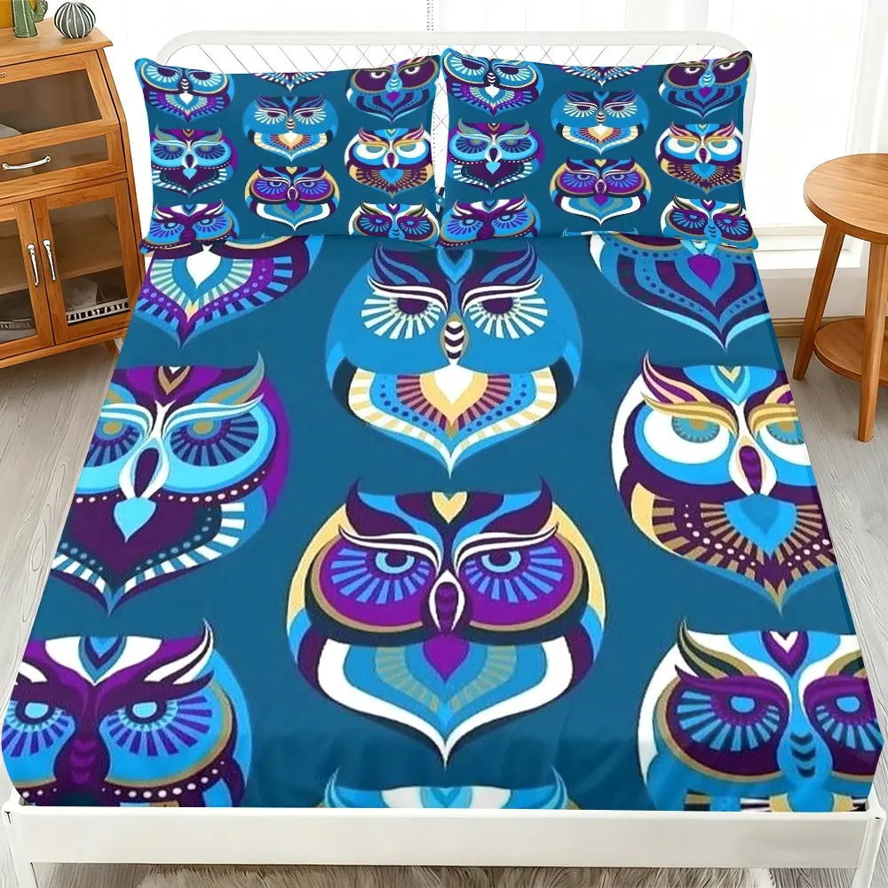Colorful Owl Face Printed Bed Sheets Full Set, Printed Bed Sheets, Mattress Protector, Breathable Polyester Material (Includes 1 Fitted Sheet + 2 Pillowcases), Mattress Protector, Elastic Fitted Bed Sheet, Protective Cover, Mattress Protector, Fitted Bedding, Christmas Themed Bedding, Baby Bedding, Suitable for Nursery Room