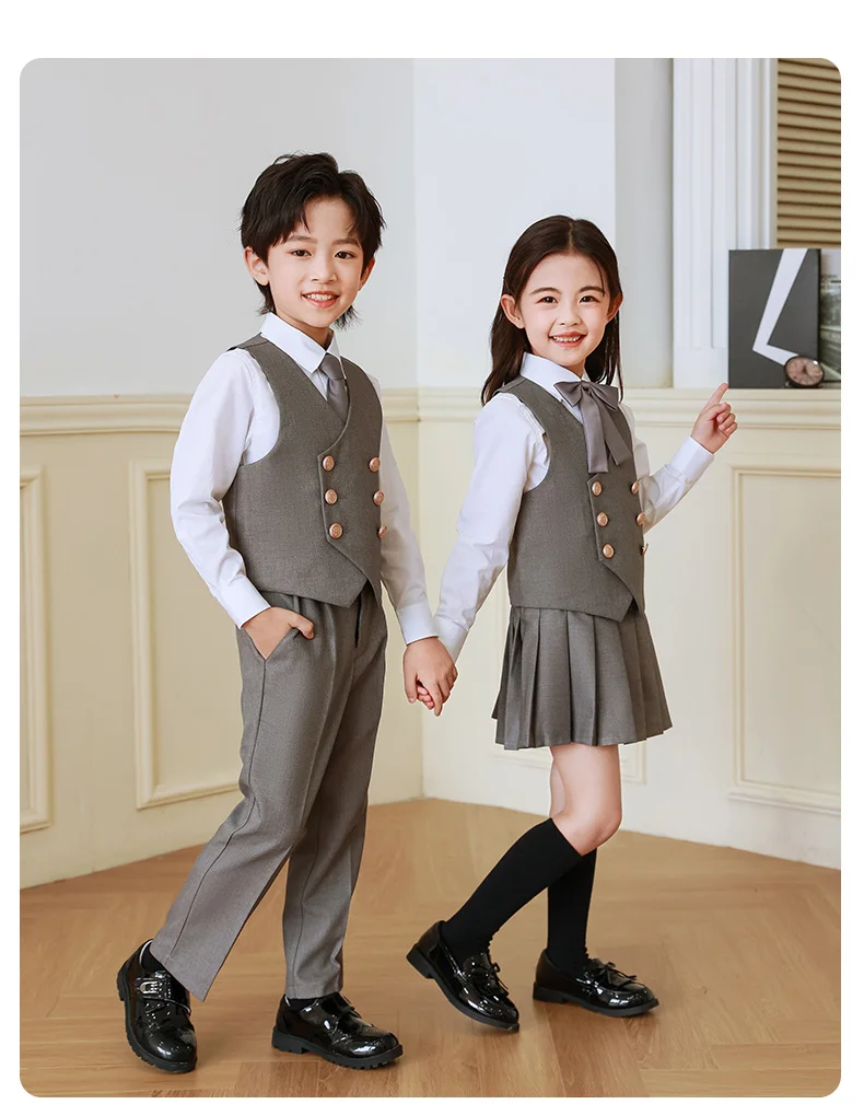 Coole Kinder-Formelle Weste für Jungen, Doppelknopf-Blazer-Weste, Mädchen-Geburtstagsfeier-Hochzeitskleidung, Kostüm in Schwarz, Grau, Königsblau – Detail 3