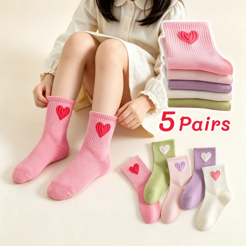5 Pairs Kids Socks Girls Sweet Colorful Embroidery Socks 3-12T Children Socks Daily Wear