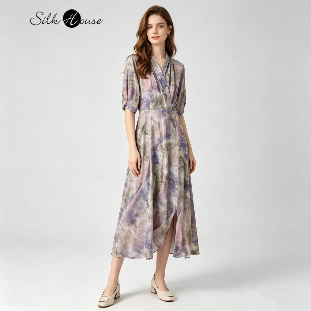 French Gradient Style 1.2-meter Extended Vacation Style 100% Natural Mulberry Silk Crepe De Chine V-neck Half Sleeve Split Dress