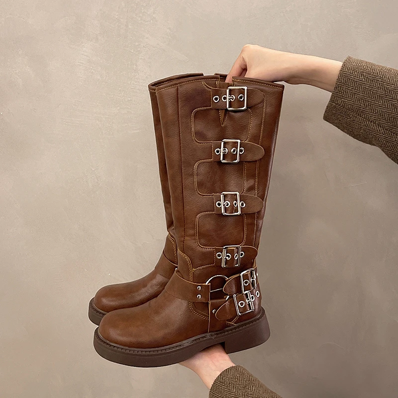Autumn and Winter 2024 Vintage Boots Thin Western Cowboy Boot Medium Heel Leather Boots Cavalry Boots