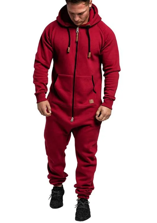 Men Jumpsuit Solid Long Sleeve Hooded Thick Playsuits Male Zipper Hoodies Romper Autumn One Piece Sets Casual Straight