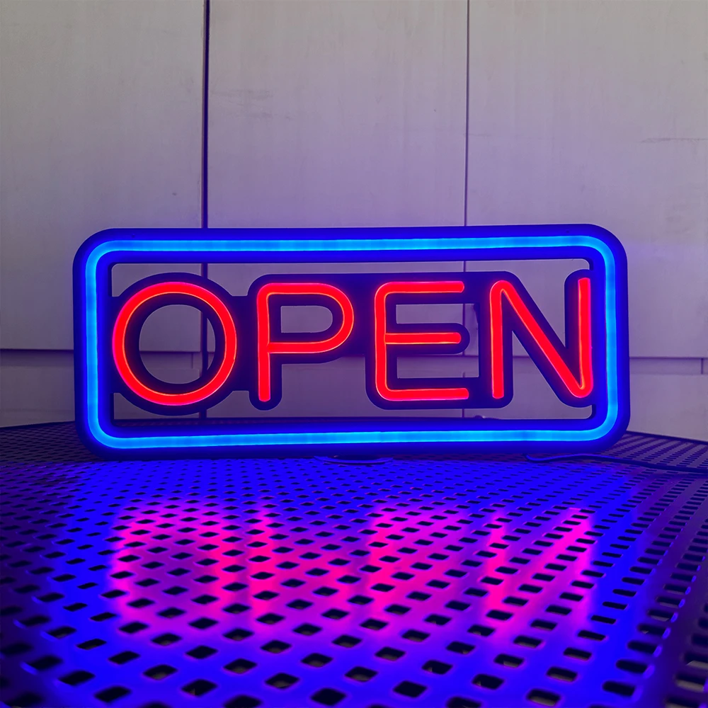 

LED neon lights, store business signs, blue flashing lights, OPEN signs for shops and bars