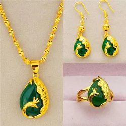 Women Vietnam Gold Filled Jewellry Sets Peacock Opal Charm Wedding Party 24K Gold Color Brass Rings Earrings Necklaces Gifts