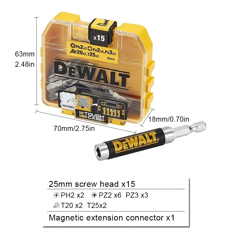 DEWALT DT71511-QZ Screwdriver Bits Set 16 PCS Power Tool Accessory Case Electric Drill Bits PH2x2 PZ2x6 PZ3x3 T20x2 T25x2