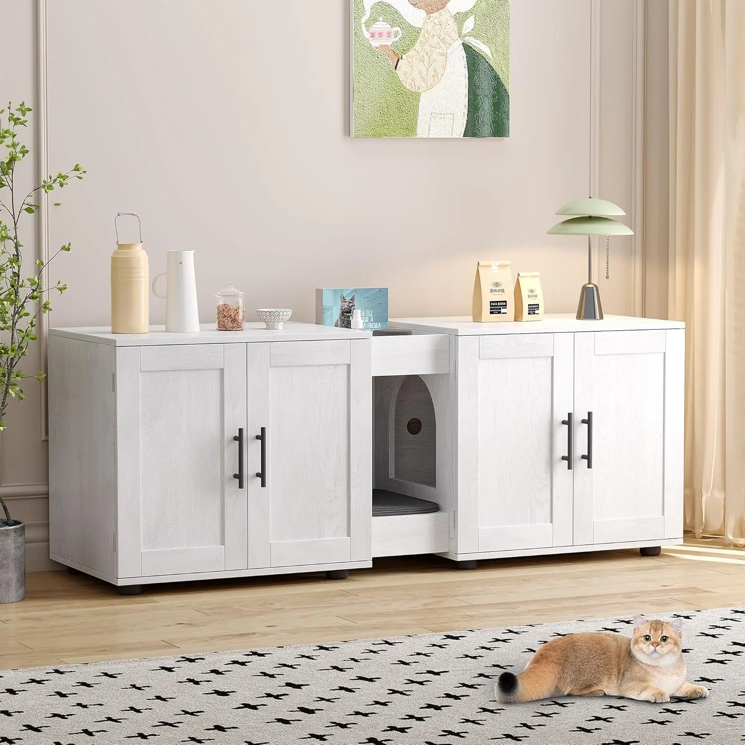 Holz-Doppel-Katzenklo, Verstecktes Katzenhaus-Möbel für 2 Katzen mit Katzenmatte & Aufbewahrungsfach, Geschlossener Katzenklo-Schrank