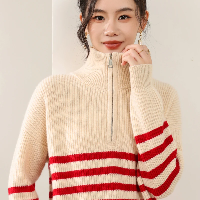 

Осень и зима, новый женский полосатый свитер из 100% чистой шерсти с полумолнией и высоким воротником, толстый пуловер, повседневный вязаный женский топ