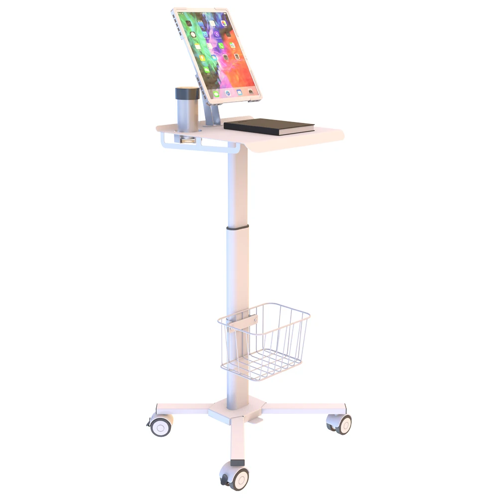 Universal Gas Spring Height Adjustable Hospital Rolling Mobile Tablet Monitor Medical Workstation Stand Cart Trolley