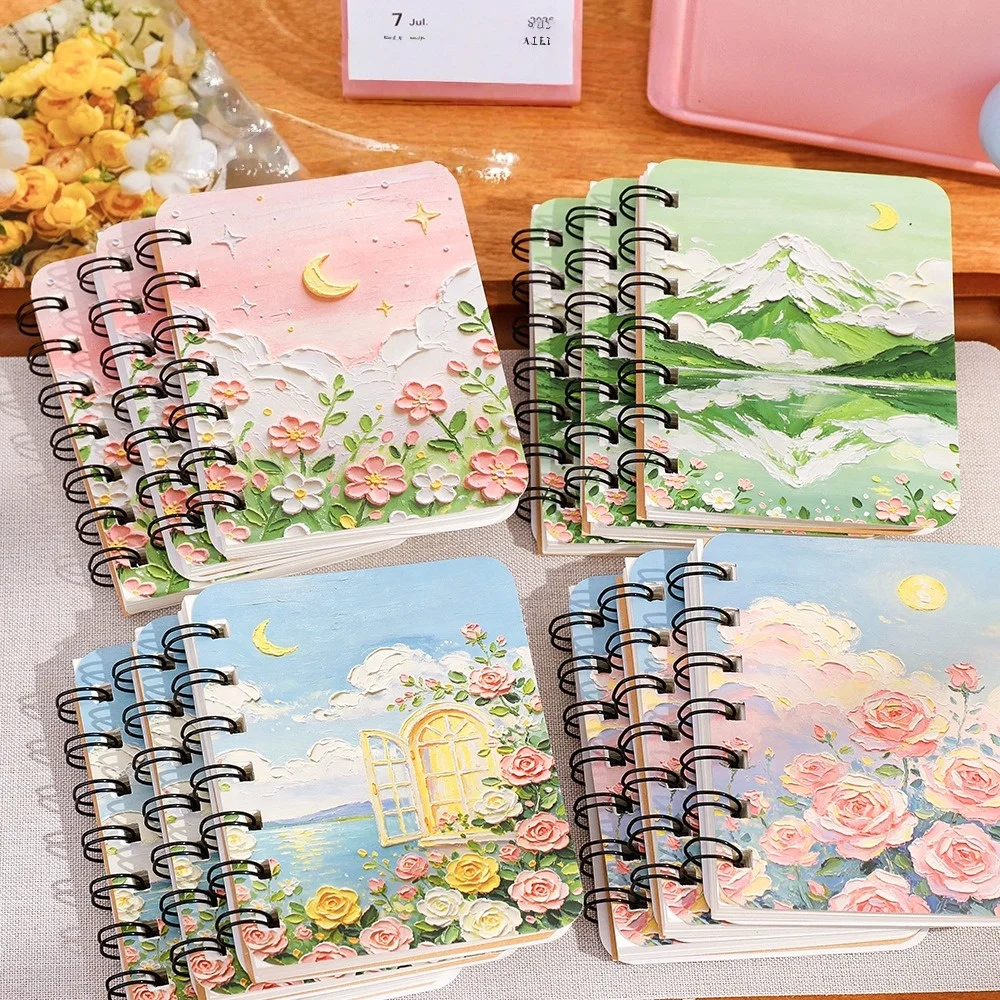 Cartoon Oil Style A7 Spiral Notebook Mini Blank Pocket Memo Pad Portable Student Stationery Gift 4 Colors