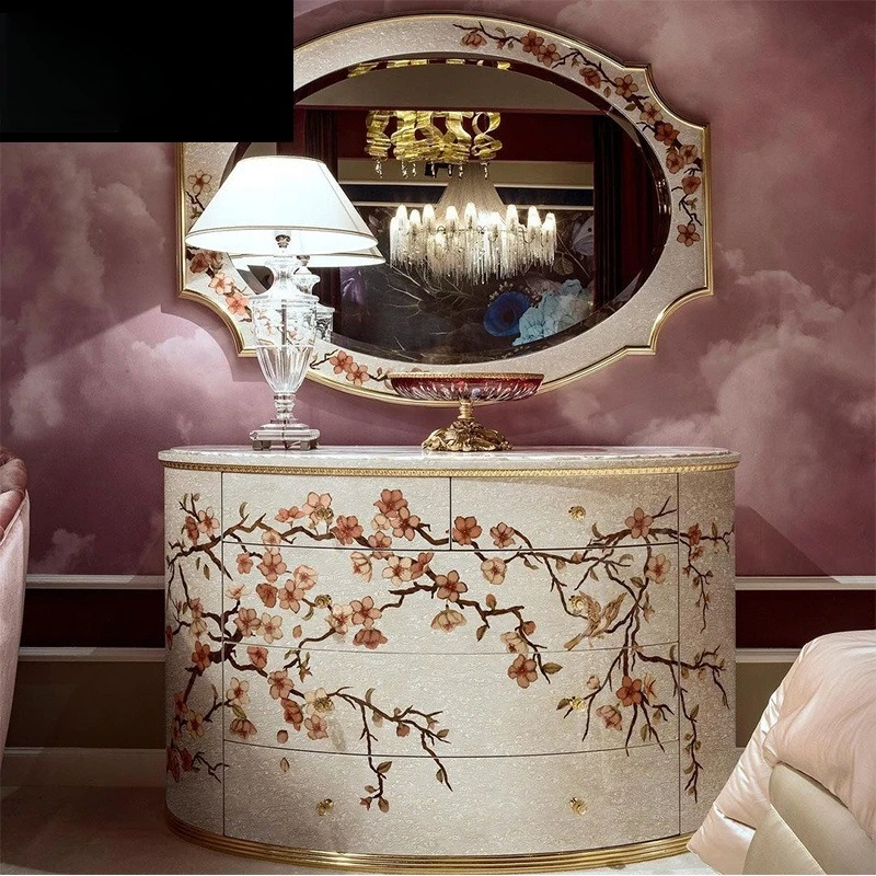 French Italian shell parquet European porch table birch carved makeup mirror dresser combination