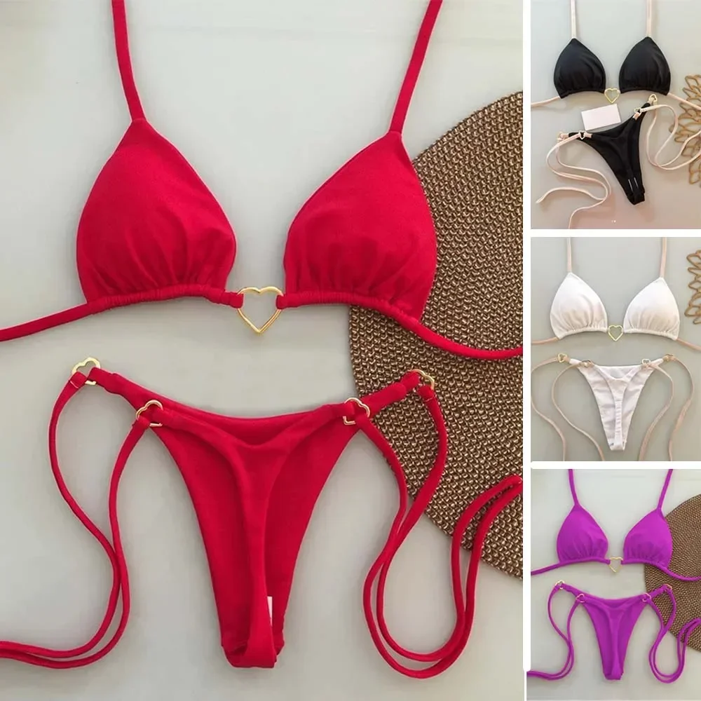 

Sexy Triangle Push Up Brazilian Bikini Heart Ring Linked Swimsuit 2 Piece Side String Bikinis Swimwear Women Thong Bathing Suit