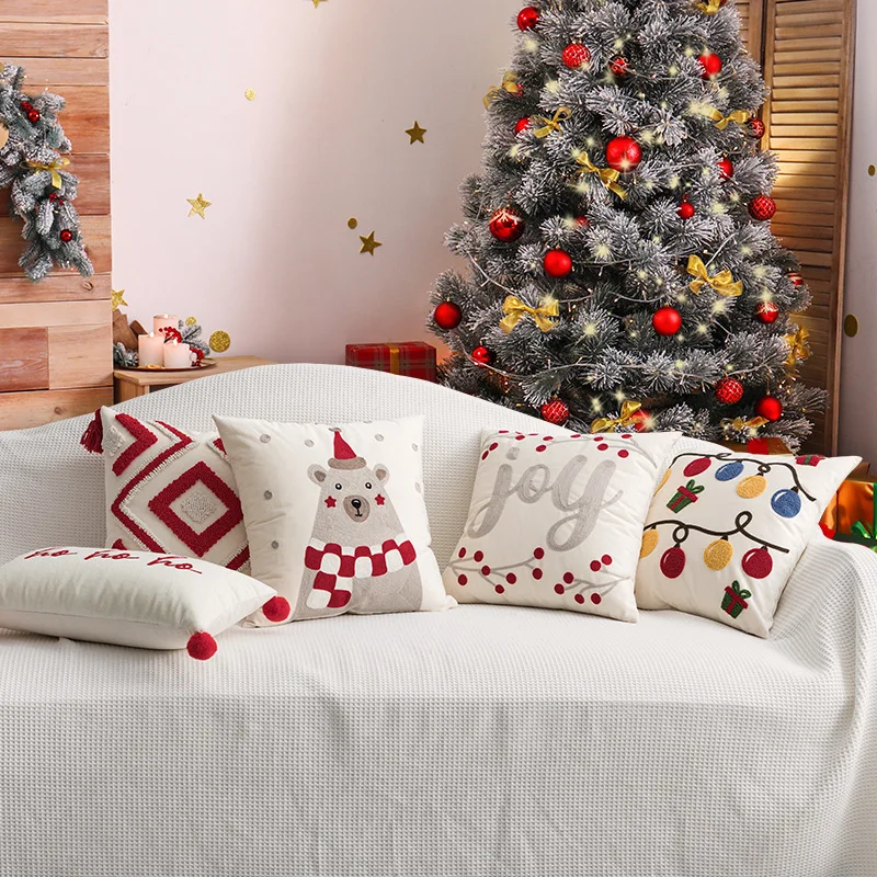 Christmas Bell Embroidered Red Geometric Tufted Cushion Cover Festive Holiday Throw Pillow Covers Living Room Home Party Decor
