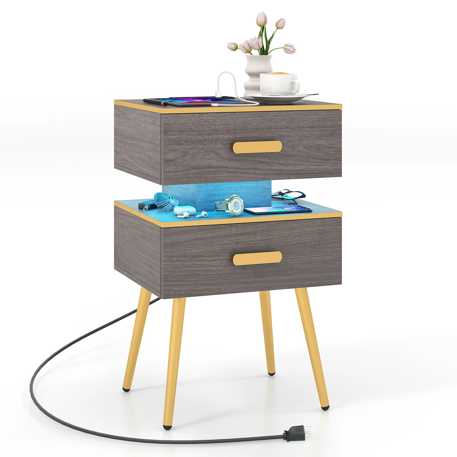 

Nightstand w/ Charging Station 2 Drawers 2 USB Ports 2 Outlets LED lights Modern