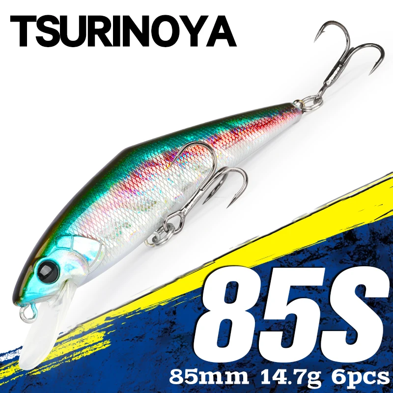 TSURINOYA Slow Speed Fishing Lure 85S Sinking Minnow 85mm 14.7g Set 6pcs Long Casting Streams Artificial Hard Bait Trout Wobbler