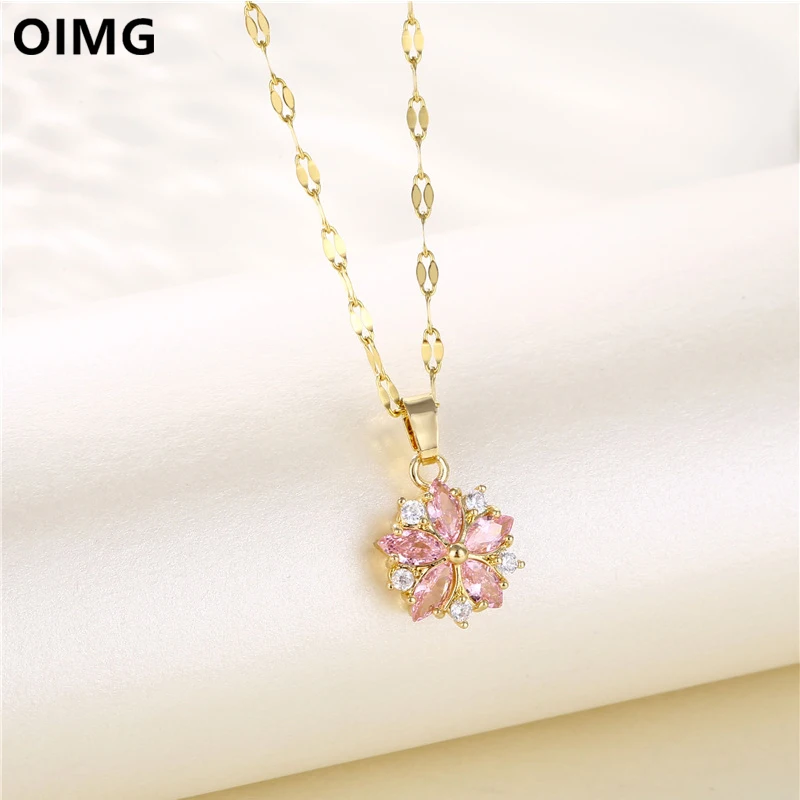 OIMG 316L Stainless Steel Gold Plated Light Luxury Romantic Pink Flower Pendant Necklace For Women Wife Festive Gift