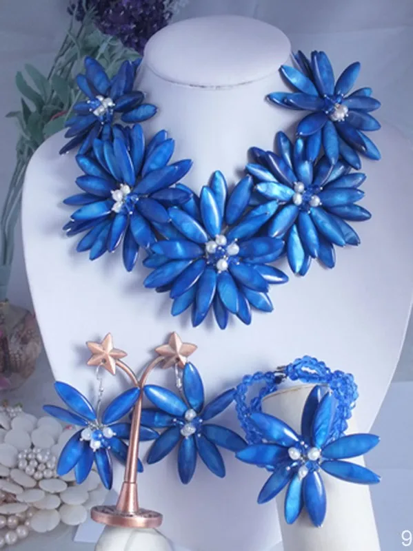 Beauty Design Blue Shell Beads Jewelry Set Flower Necklace 20\