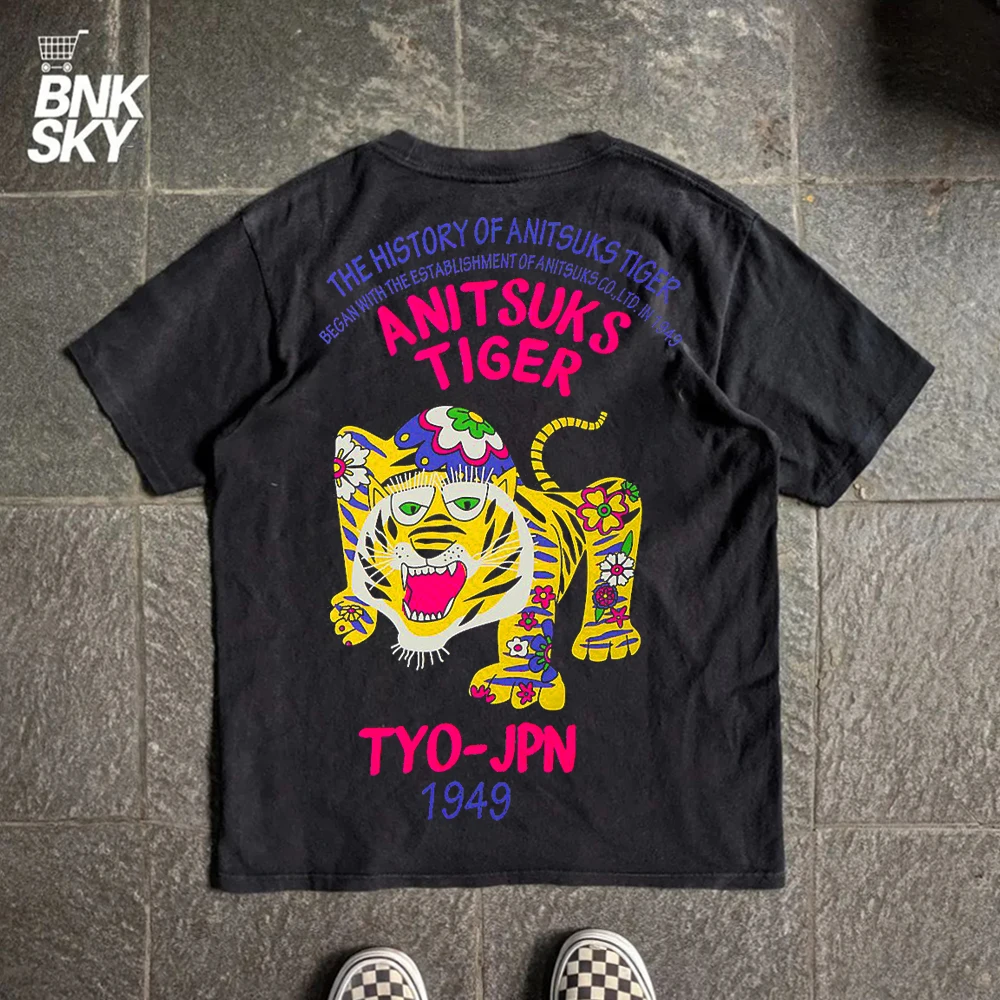 Vintage Japanese Woodblock Print Tiger Color Painted Dark Subculture Short Sleeve T-Shirt Breathable Cotton round Neck Top 2026