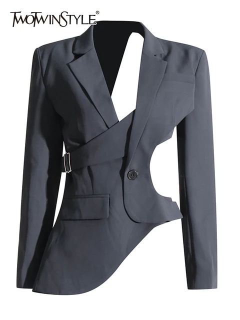 TWOTWINSTYLE Hollow Out Backless wyszczuplające marynarki dla kobiet karbowany kołnierzyk z długim rękawem łączony guzik nieregularna marynarka kobieta