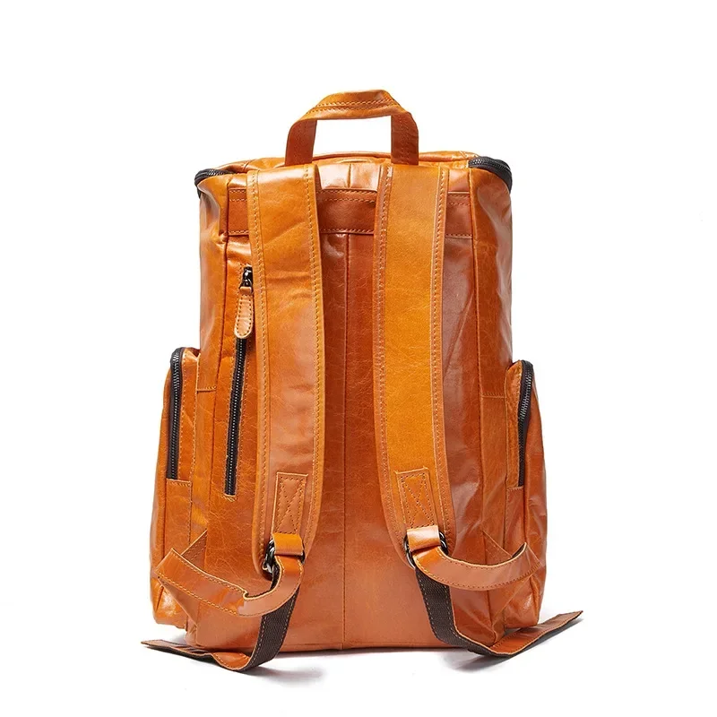 Crazy Horse Leather Men Backpack Vintage Laptop Rucksack Multi‑pocket Genuine Cowhide Daypack Commute Travel College School Bag