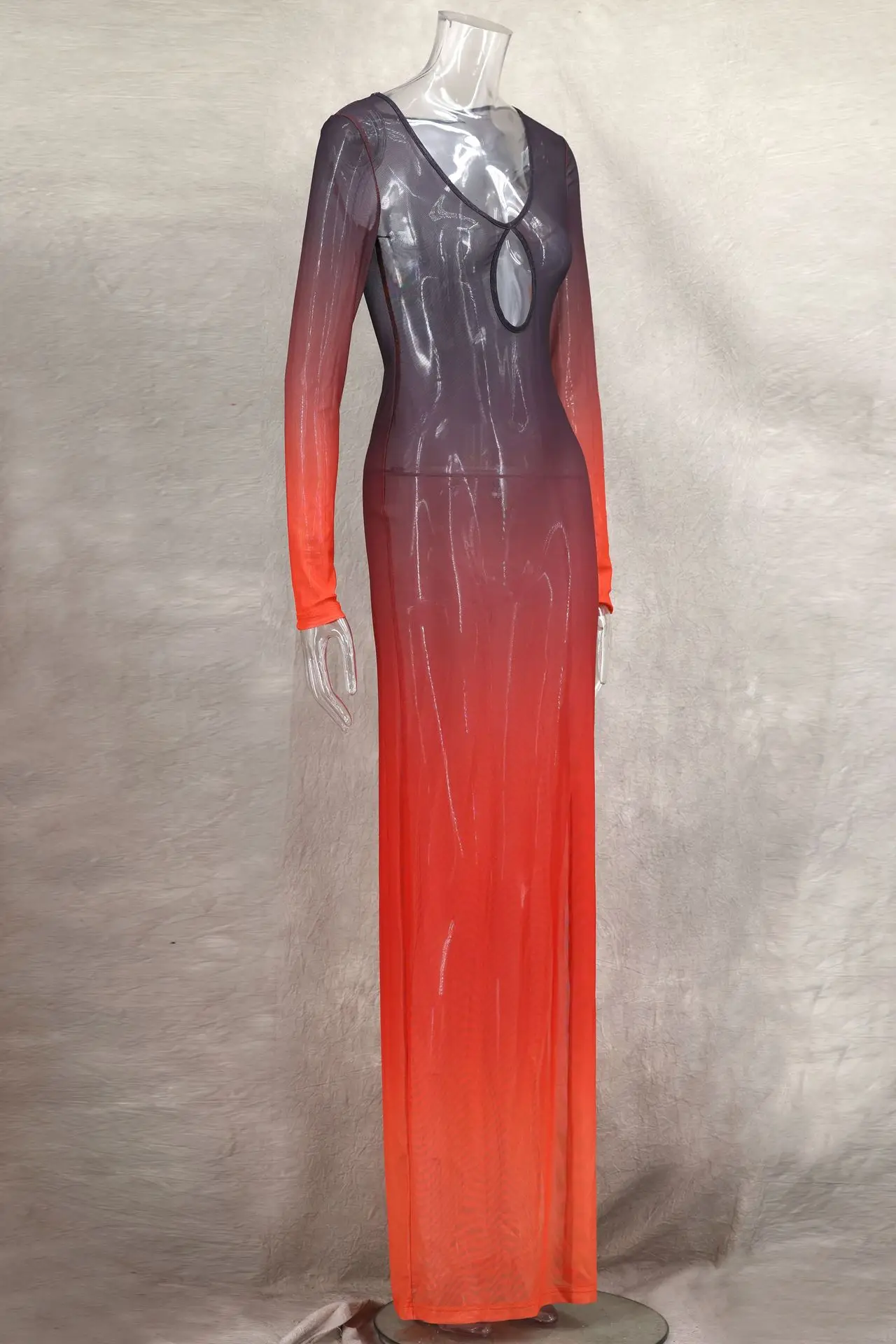 Vestido largo de verano degradado para mujer, vestido playero de malla transparente Sexy, vestido Maxi ajustado recortado de manga larga