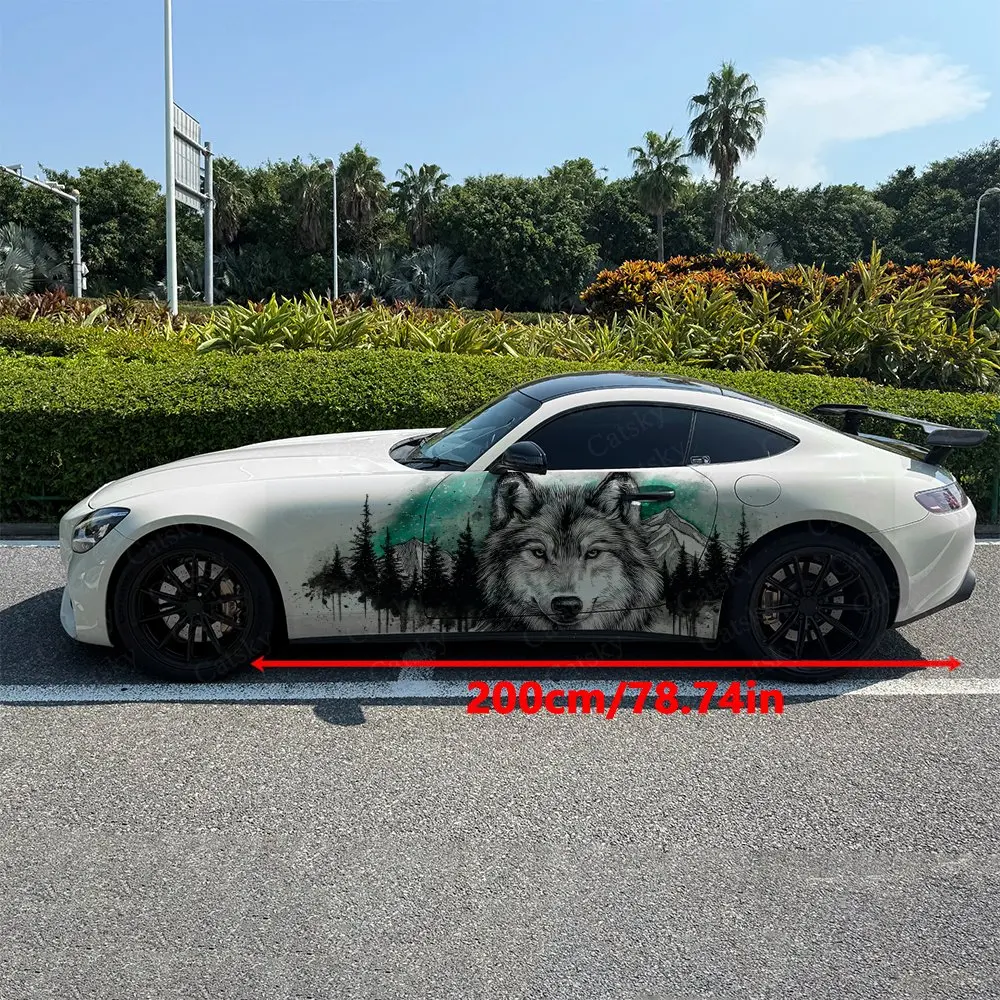 2Pcs Wolf Pine Forest Mountain Car Side Wraps, Self-Adhesive PVC Waterproof & Scratch-Resistant Stickers, Car Accessory Gift