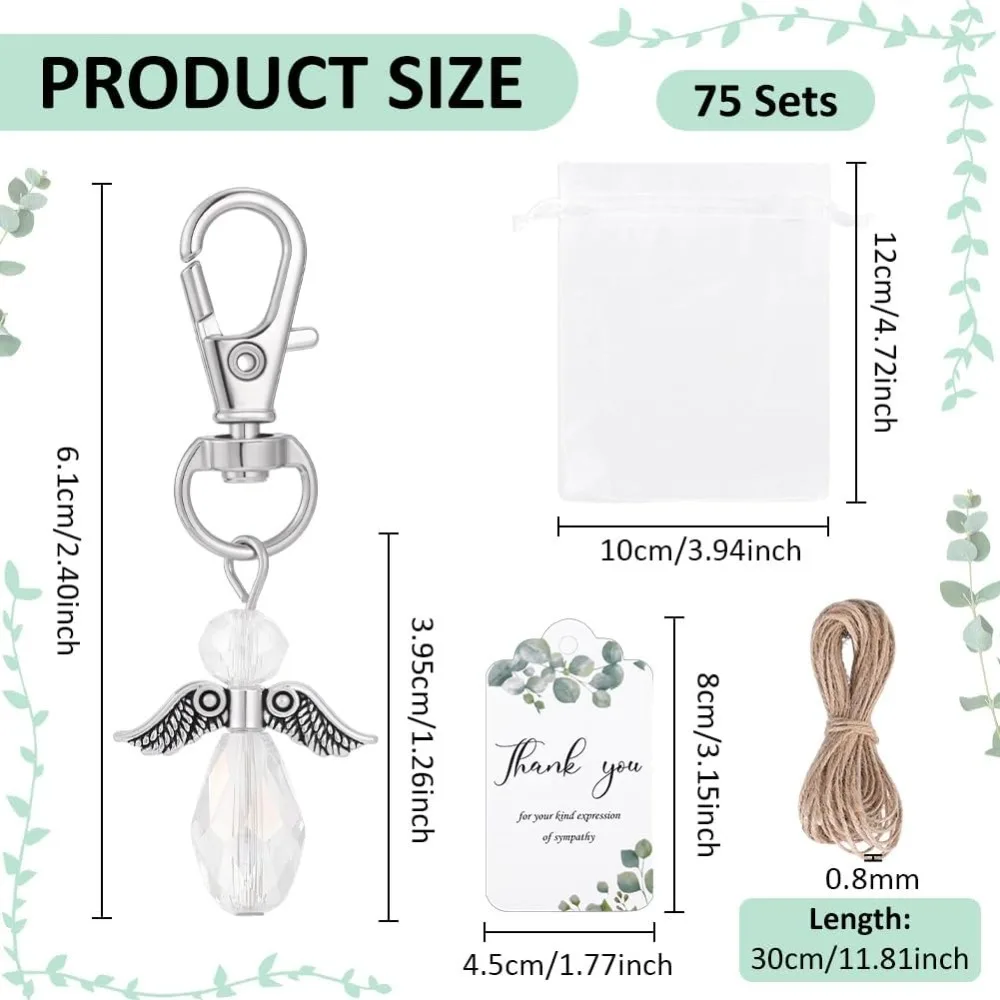 75 Sets Funeral Favor Angel Keychain Celebration of Life Favors Angel Key Ring with Organza Gift Bags Baptism Favor