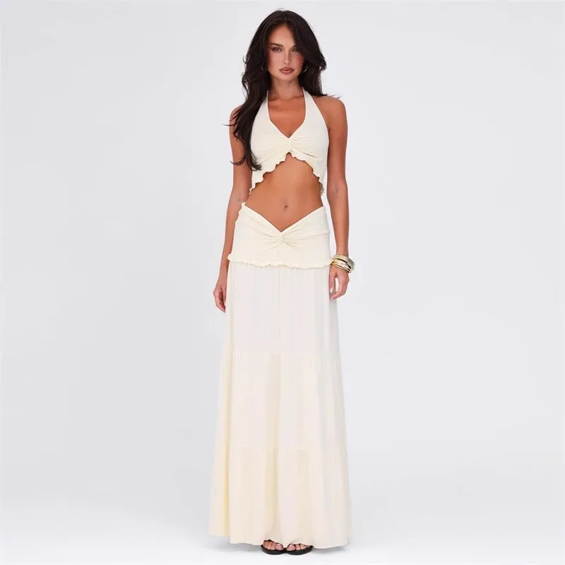 

Red Lace-up V-neck Tops and Skirts Summer Elegant Vintage Streetwear 2 Piece Sets Women Vacation Party Skirt Set Lady