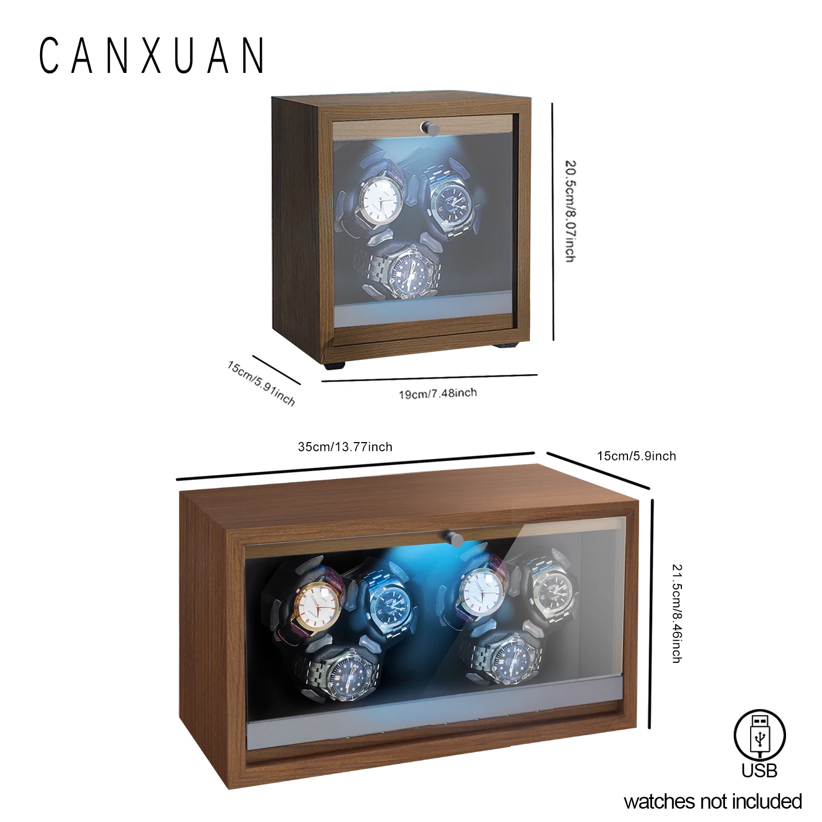 Automatic Watch Winder 6 Slots Walnut Grain Inner PU leather Quiet Motor 5 Modes Usb Cable Watch Winders With Led Light Gifts image 2