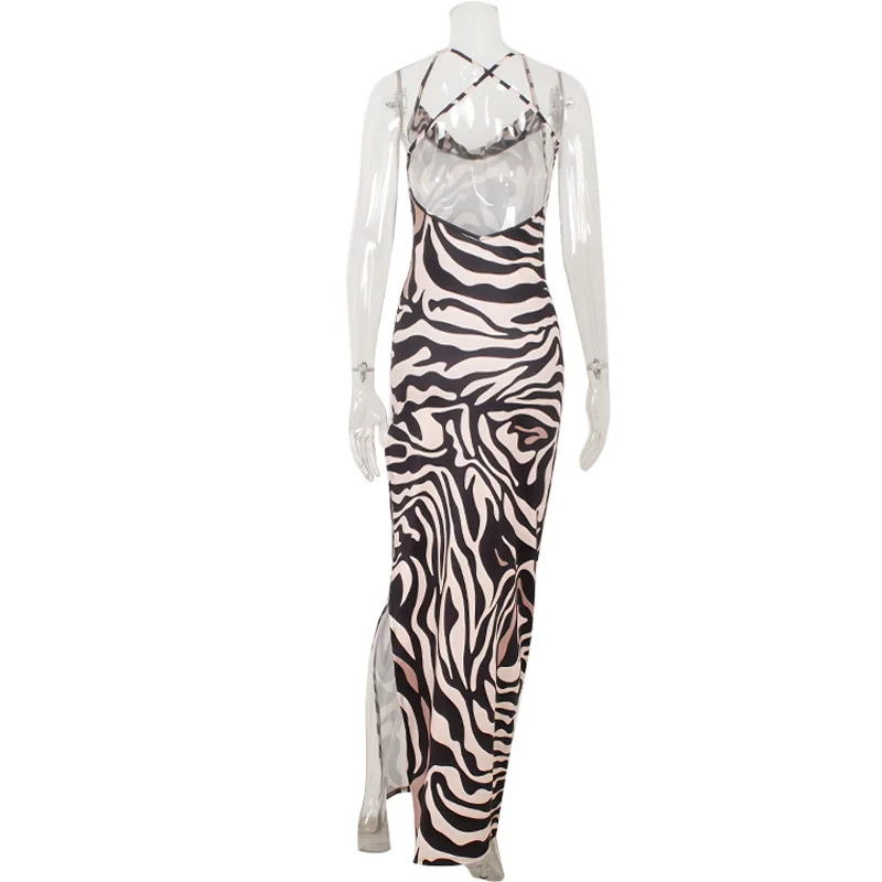 See Through Mesh Lace Patchwork Striped Print Maxi Dress Women Sexy Spaghetti Straps Backless Split Bodycon Club Party Long Robe