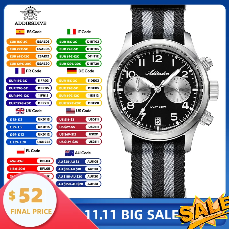 

ADDIESDIVE Men's Watches Retro Panda Dial Quartz Watch Men Japan VK64 Chronograph Sapphire glass Wrist Watch Men 2025 New