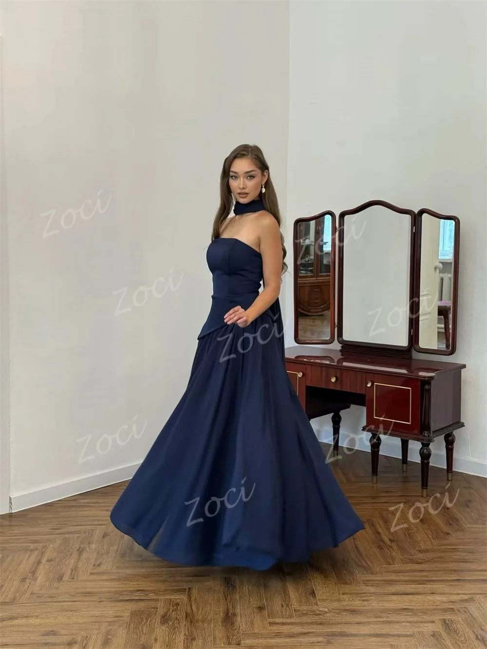 Zoci Navy Blue Chiffon Satin Long Prom Dresses Wrap Customized High Slit Evening Dress Women Formal Party Occasion Gown