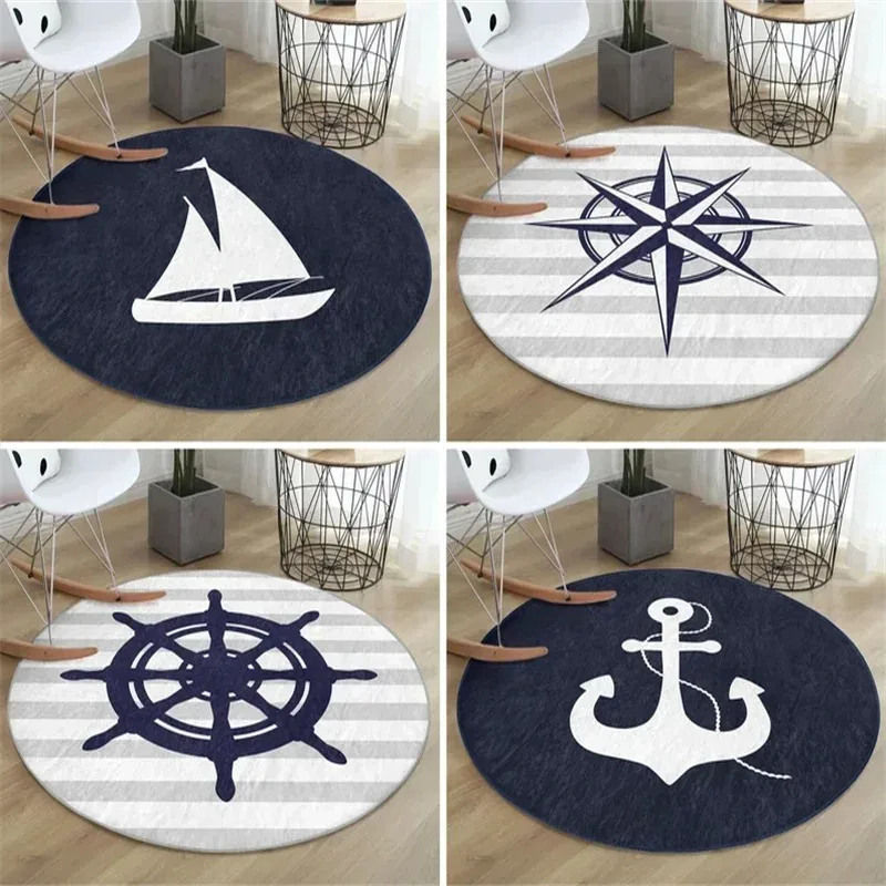 Marine Theme Round Carpet, Compass Pattern, Ship's Wheel Pattern, Anchor Area Rug, Living Room Decorative Carpet Nautical Symbol